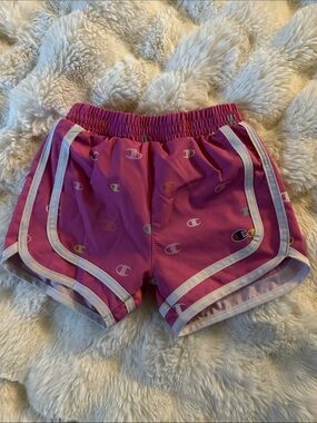 Champion Pink Logo Print Athletic Shorts with White Trim